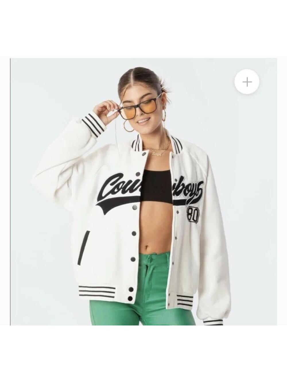 EDIKTED Cowboys 80 Oversized‎ Sweatshirt Varsity Jacket White & Navy XS